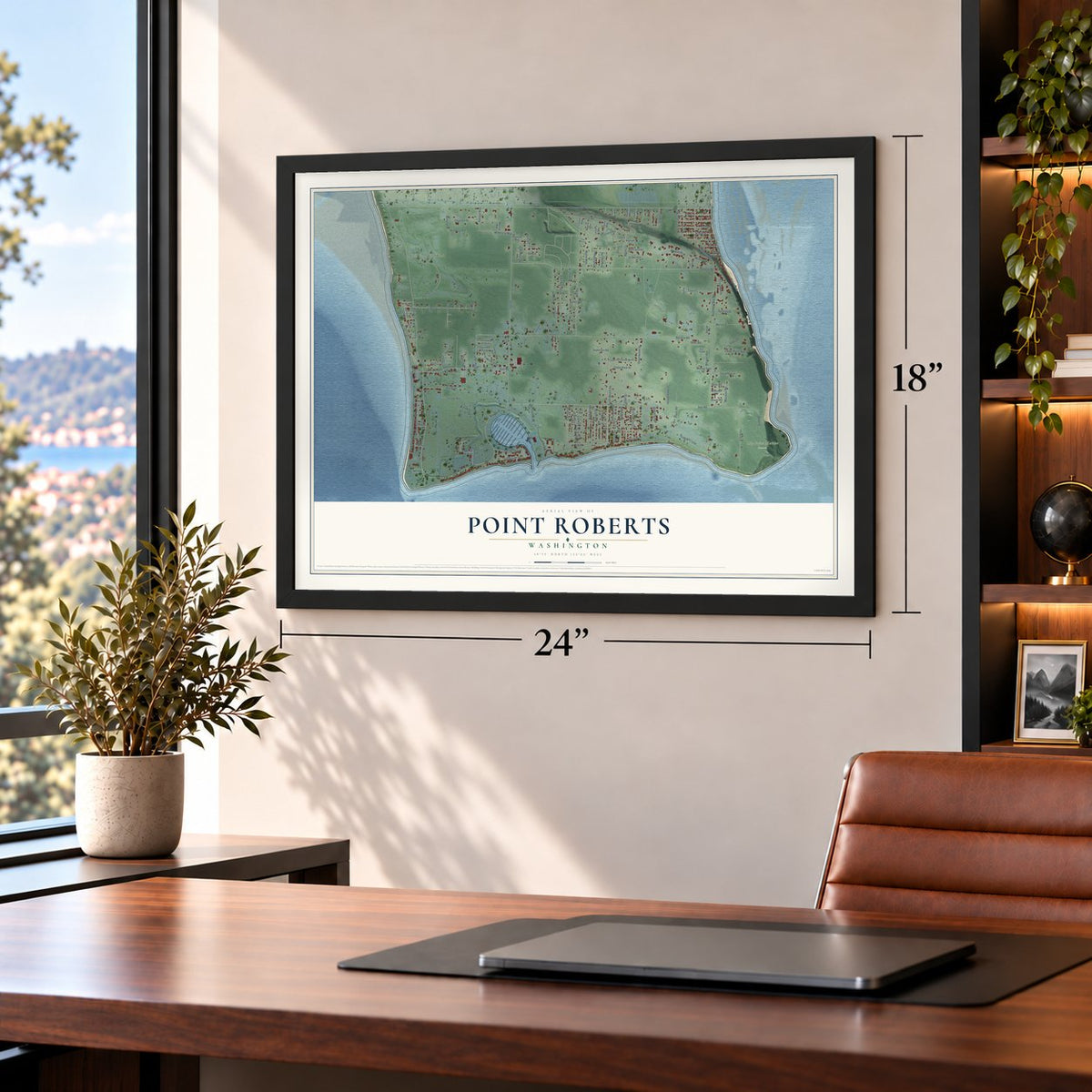 Point Roberts, Washington map, 18 x 24 inch print in a black frame in a home office