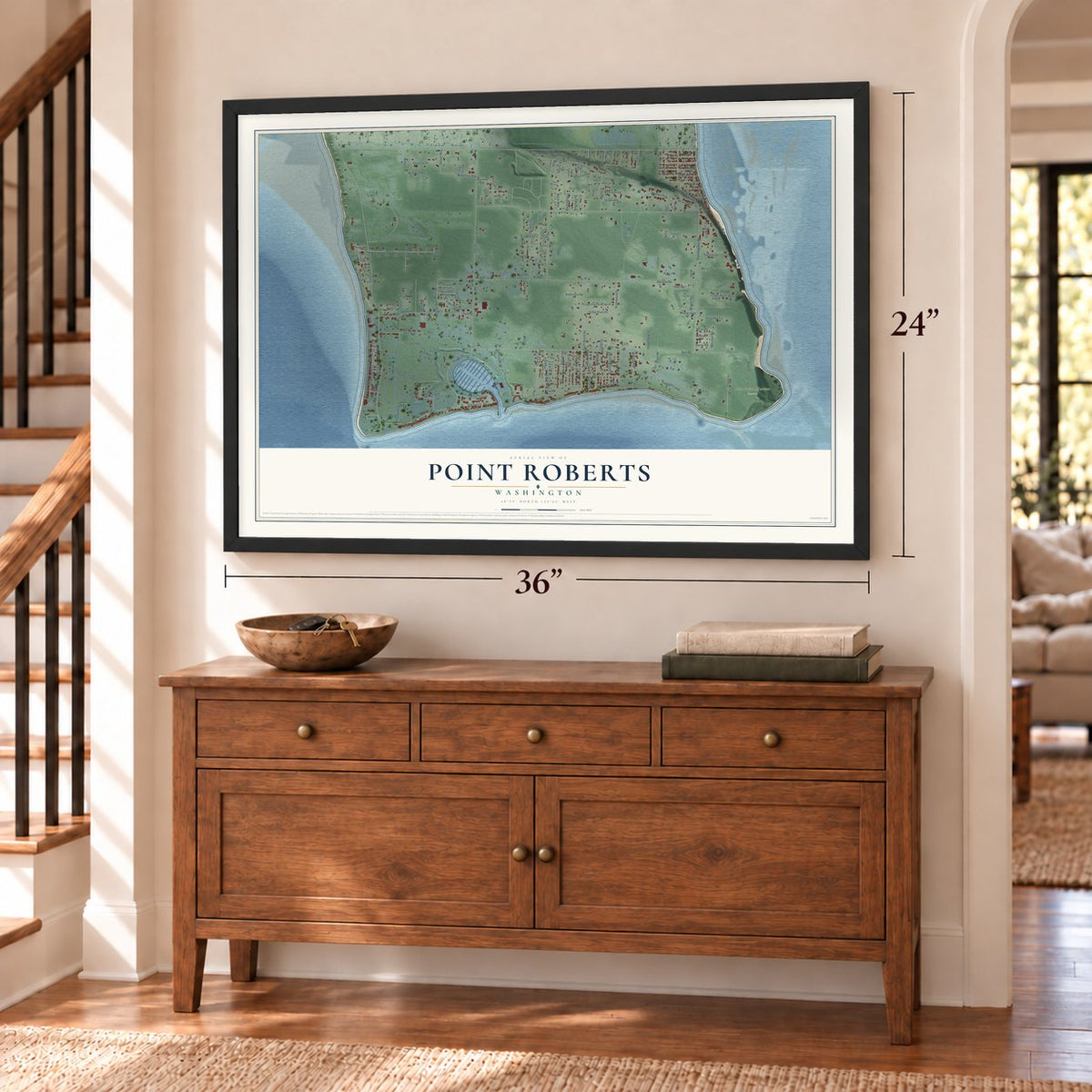 Point Roberts, Washington map, 24 x 36 inch print in a black frame above a dresser by a staircase