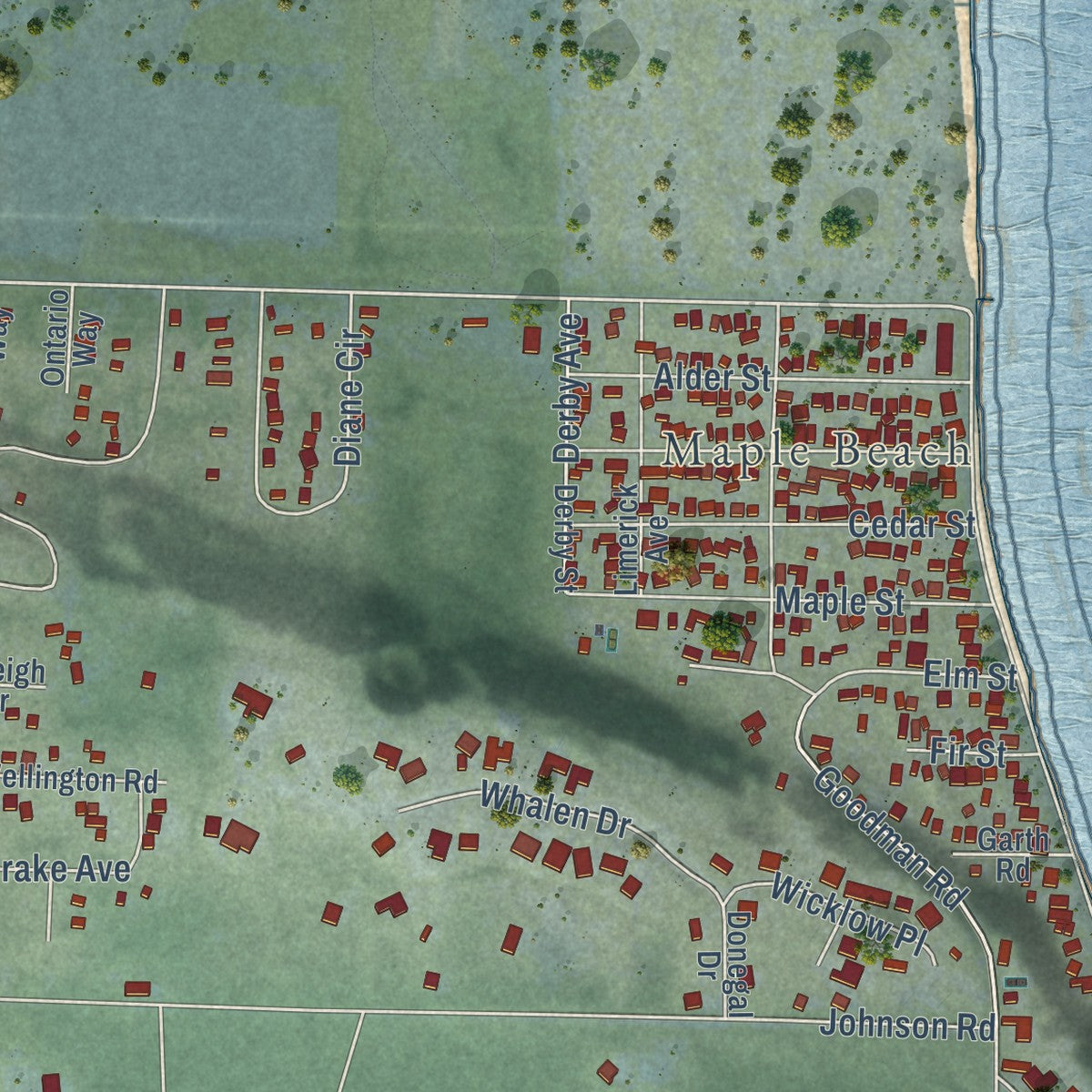 Close-up of the map of Point Roberts, Washington print showing street and building detail