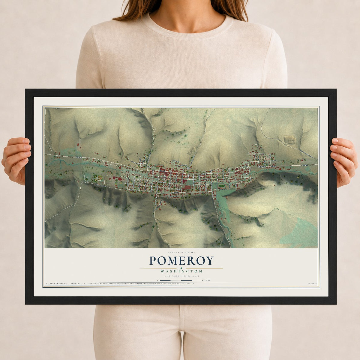 Map of Pomeroy, Washington, 12 x 18 inch print in a black wood frame