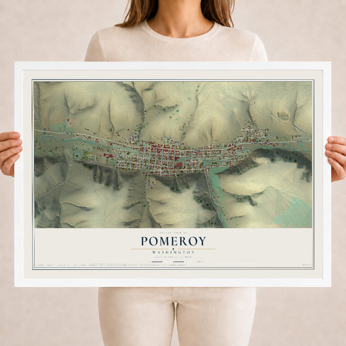 Map of Pomeroy, Washington, 18 x 24 inch print in a white wood frame