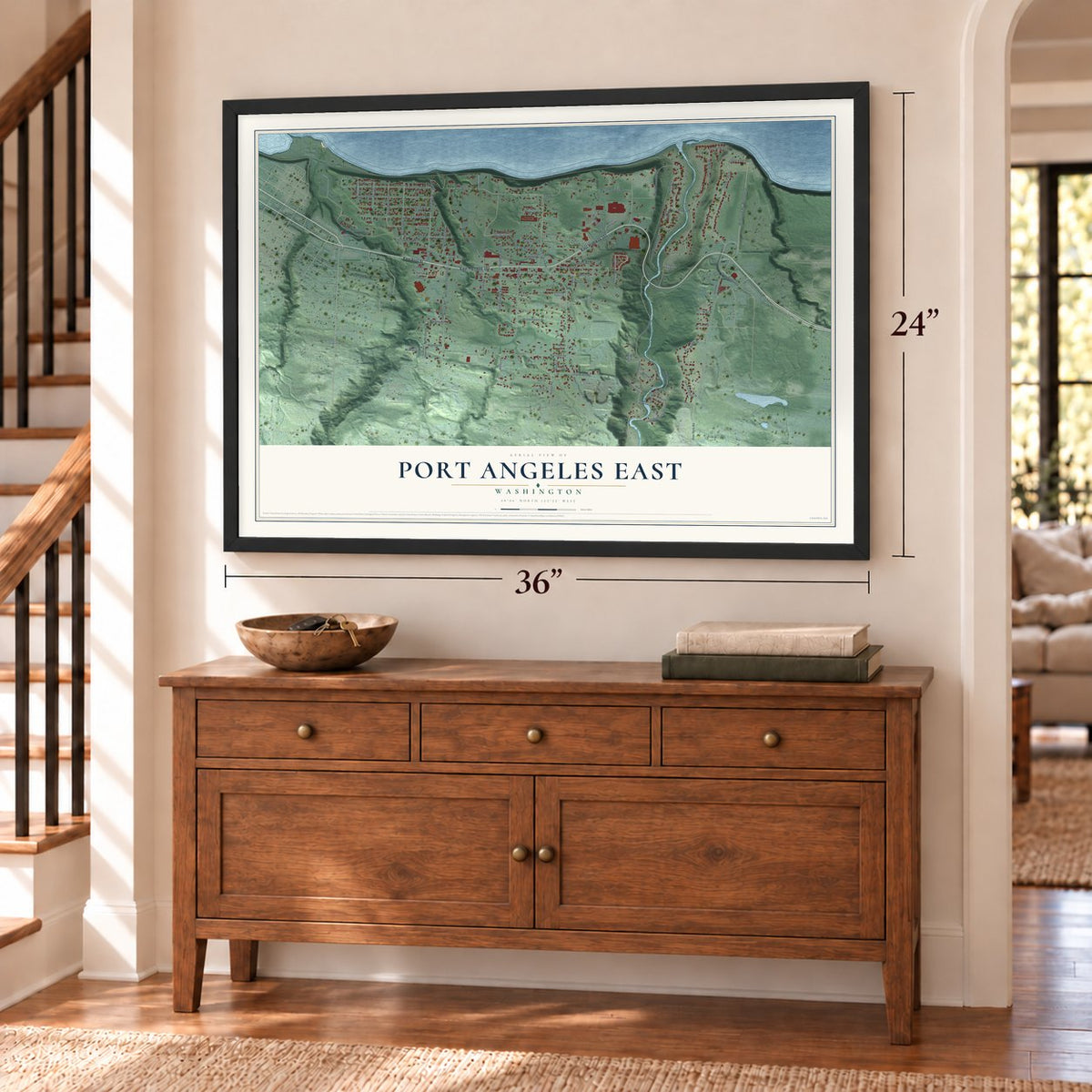Port Angeles East, Washington map, 24 x 36 inch print in a black frame above a dresser by a staircase