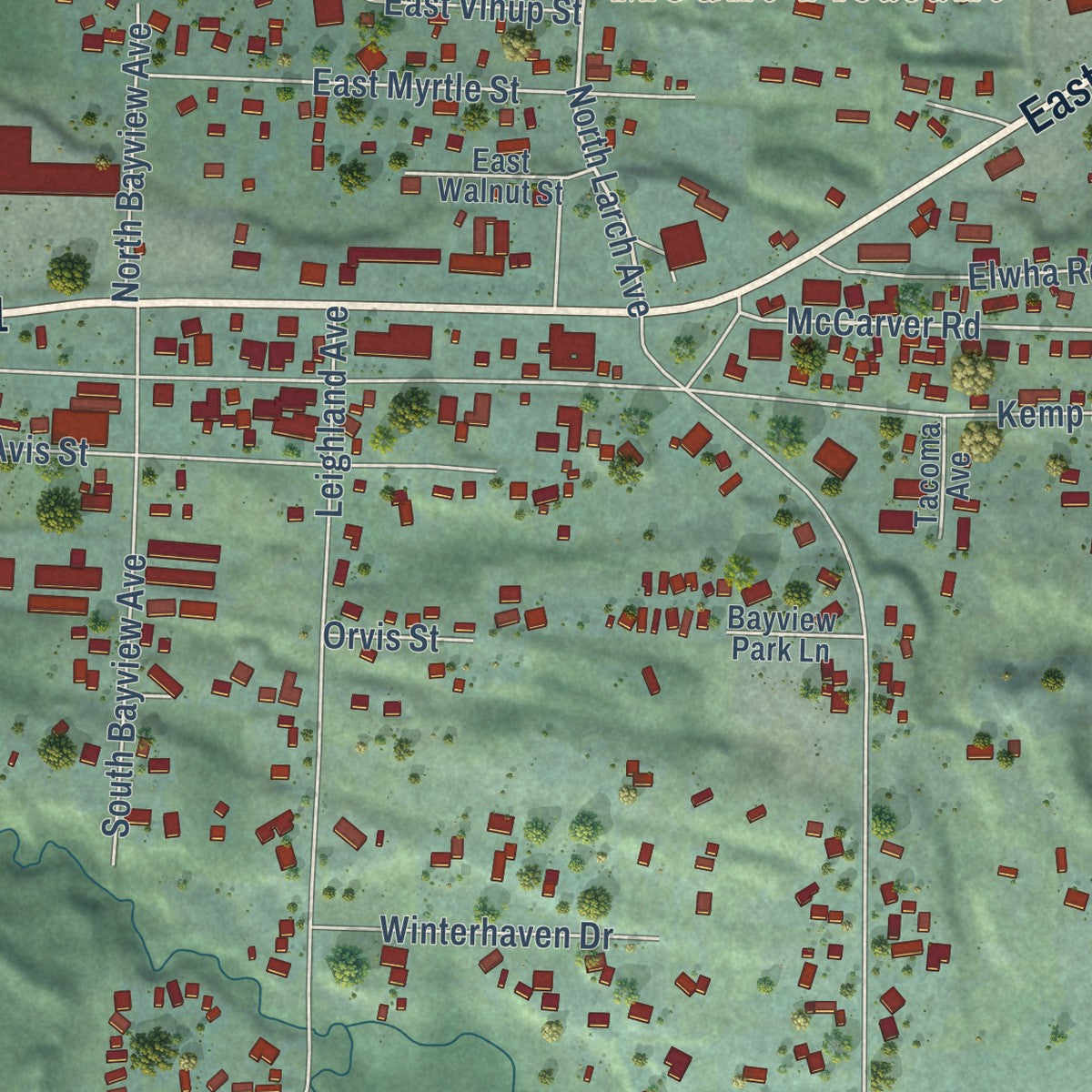 Close-up of the map of Port Angeles East, Washington print showing street and building detail