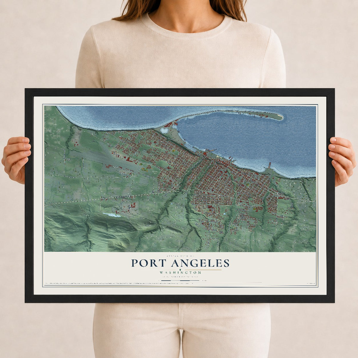 Map of Port Angeles, Washington, 12 x 18 inch print in a black wood frame