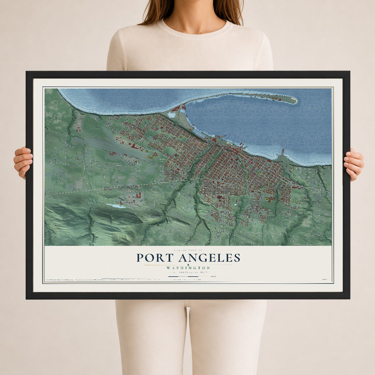 Map of Port Angeles, Washington, 24 x 36 inch print in a black wood frame