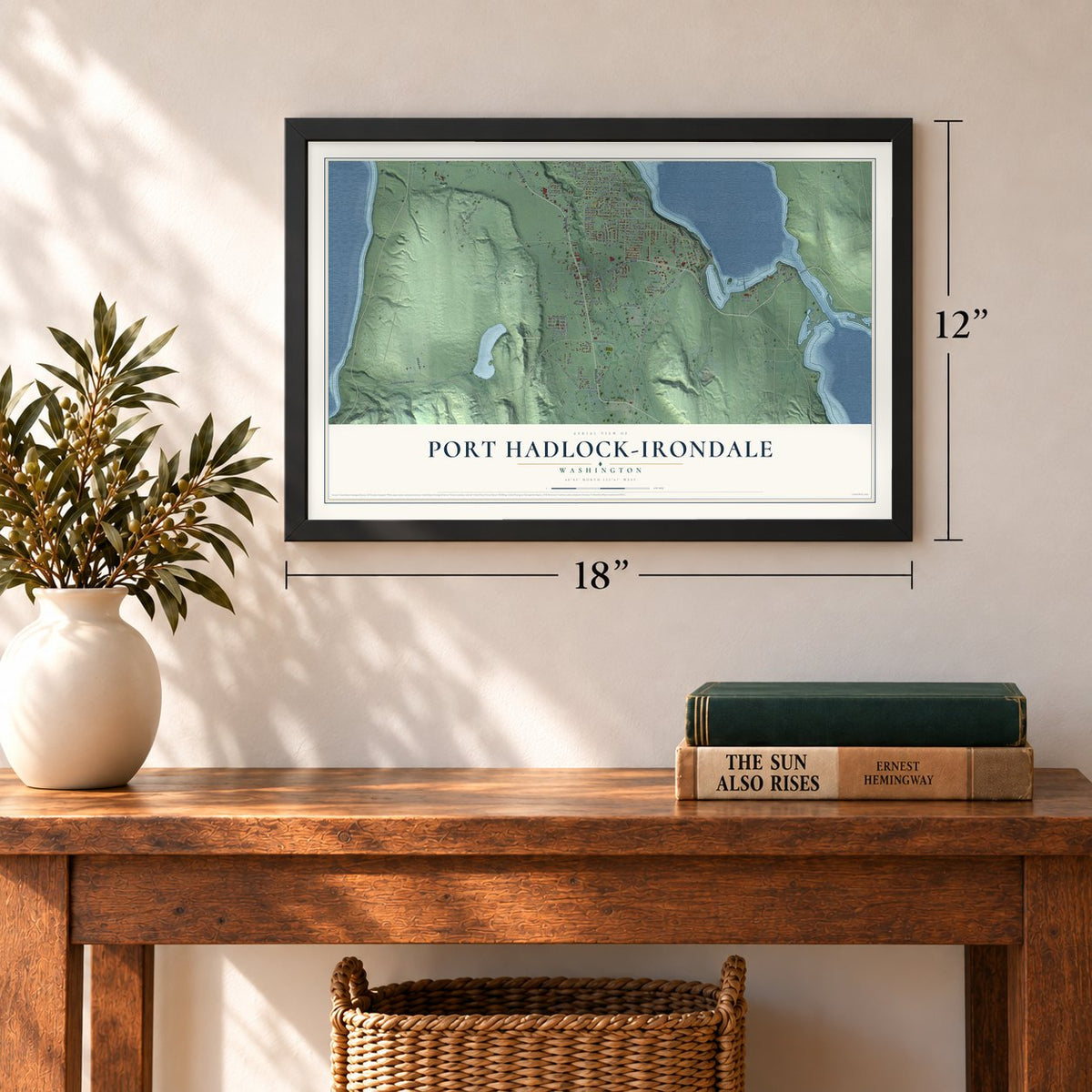 Port Hadlock-Irondale, Washington map, 12 x 18 inch print in a black frame in an entryway