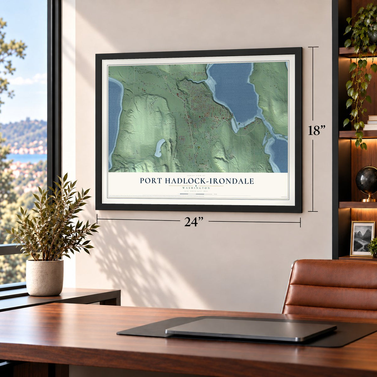 Port Hadlock-Irondale, Washington map, 18 x 24 inch print in a black frame in a home office