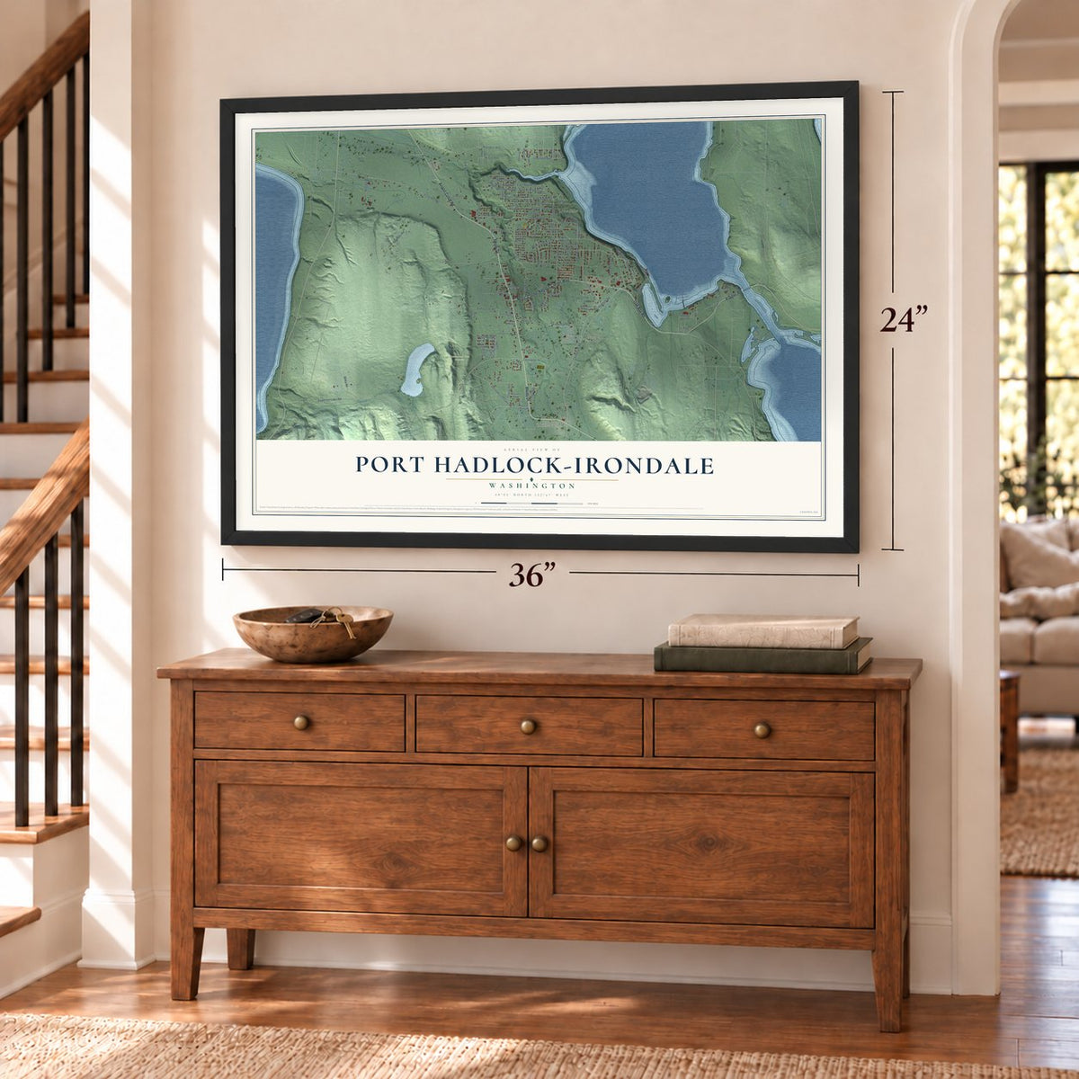 Port Hadlock-Irondale, Washington map, 24 x 36 inch print in a black frame above a dresser by a staircase
