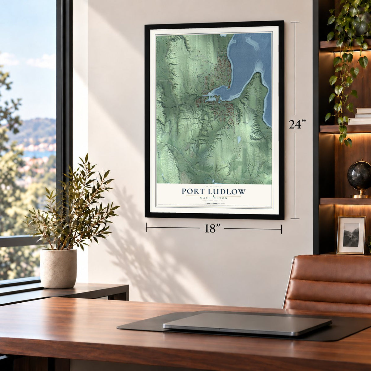 Port Ludlow, Washington map, 18 x 24 inch print in a black frame in a home office
