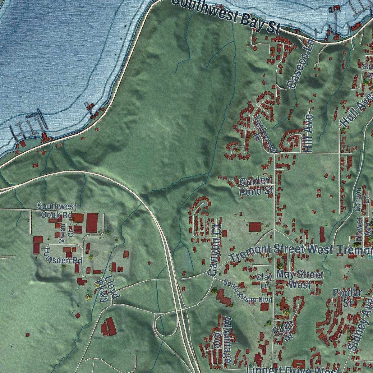 Second close-up of the map of Port Orchard, Washington print showing more streets and buildings