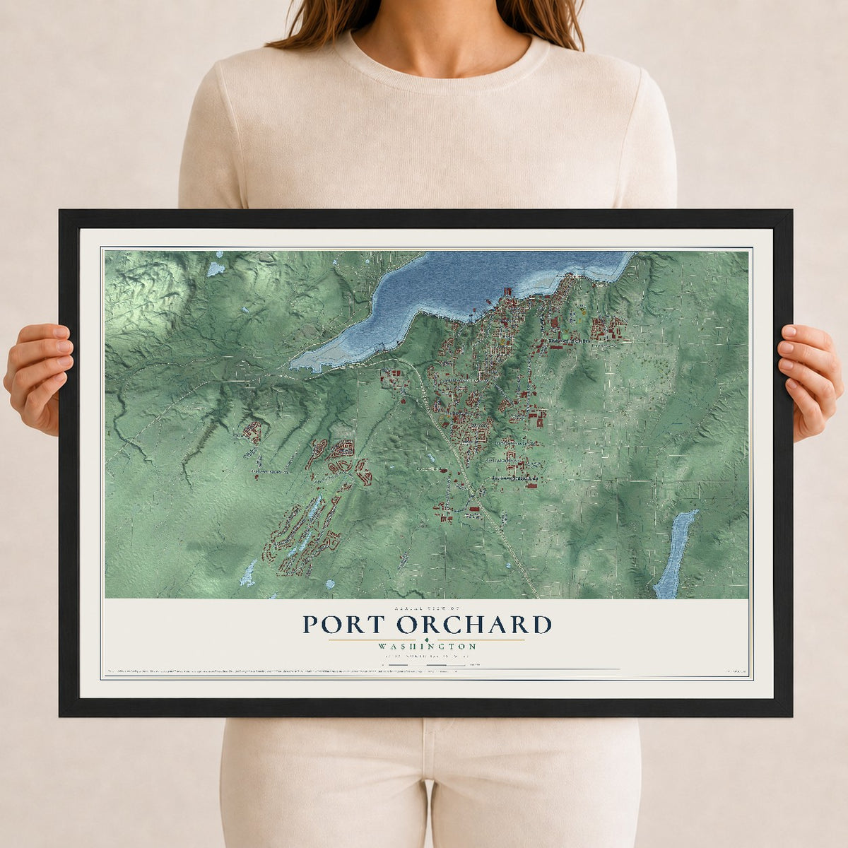 Map of Port Orchard, Washington, 12 x 18 inch print in a black wood frame
