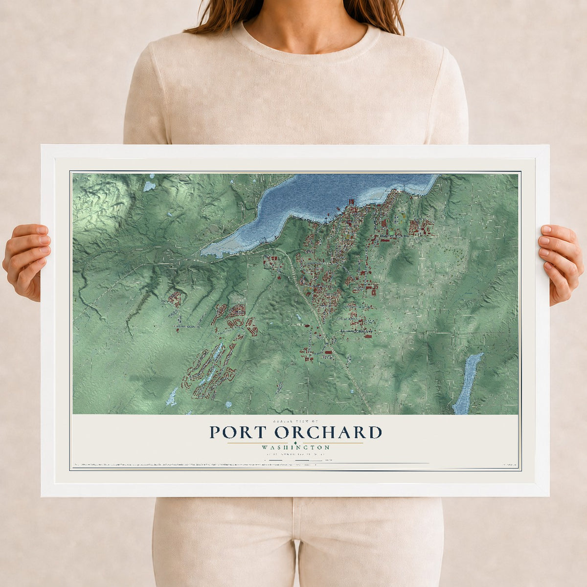 Map of Port Orchard, Washington, 12 x 18 inch print in a white wood frame