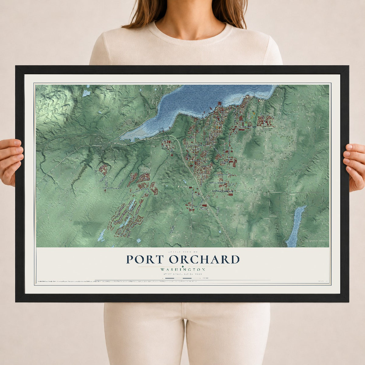 Map of Port Orchard, Washington, 18 x 24 inch print in a black wood frame