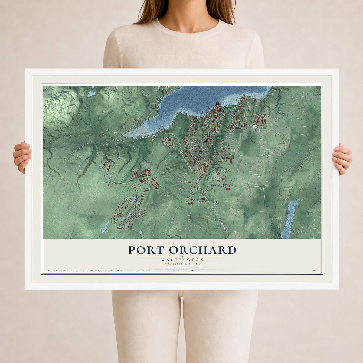 Map of Port Orchard, Washington, 24 x 36 inch print in a white wood frame