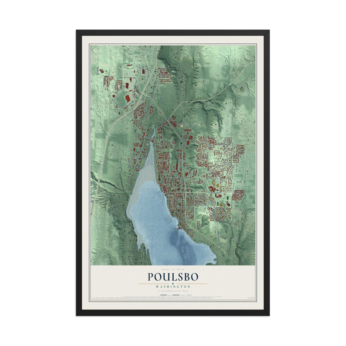 Map of Poulsbo, Washington, 12 x 18 inch print in a black wood frame