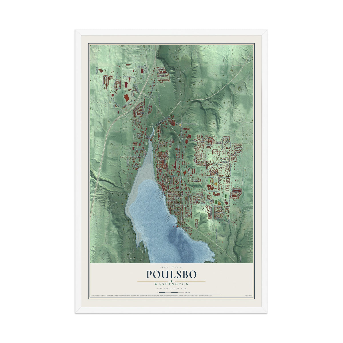Map of Poulsbo, Washington, 12 x 18 inch print in a white wood frame
