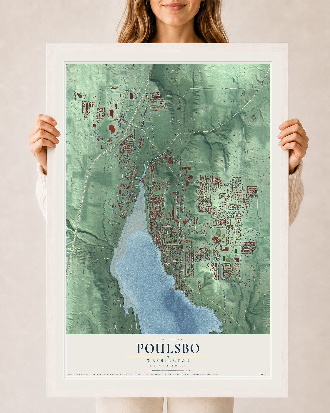 Map of Poulsbo, Washington, 24 x 36 inch print in a white wood frame