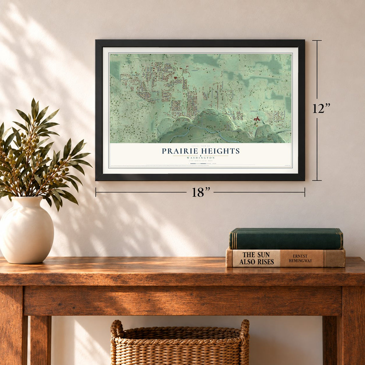 Prairie Heights, Washington map, 12 x 18 inch print in a black frame in an entryway