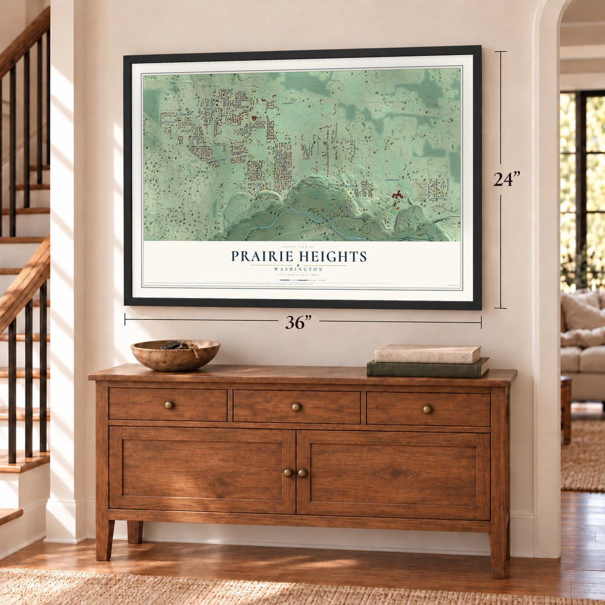 Prairie Heights, Washington map, 24 x 36 inch print in a black frame above a dresser by a staircase