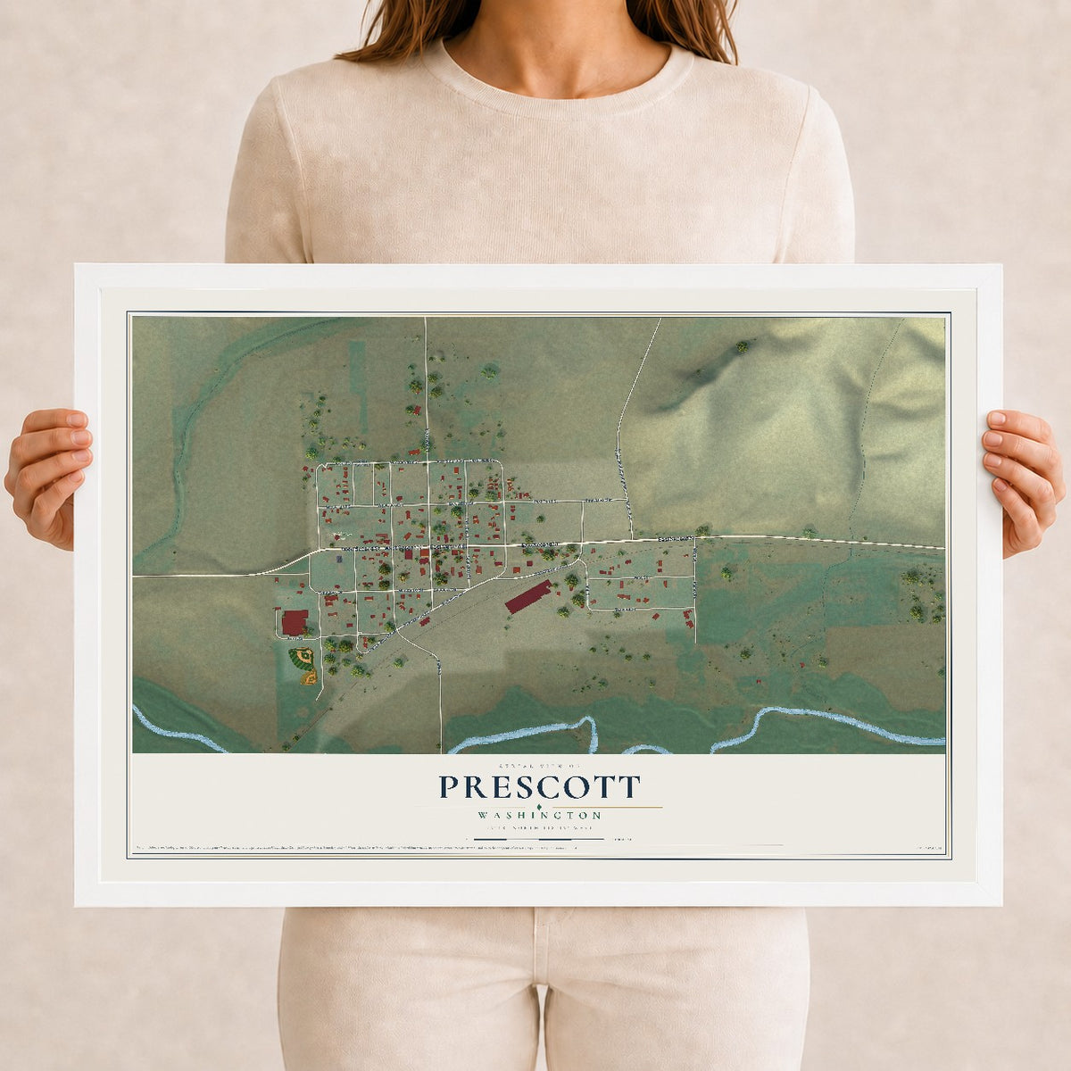Map of Prescott, Washington, 12 x 18 inch print in a white wood frame