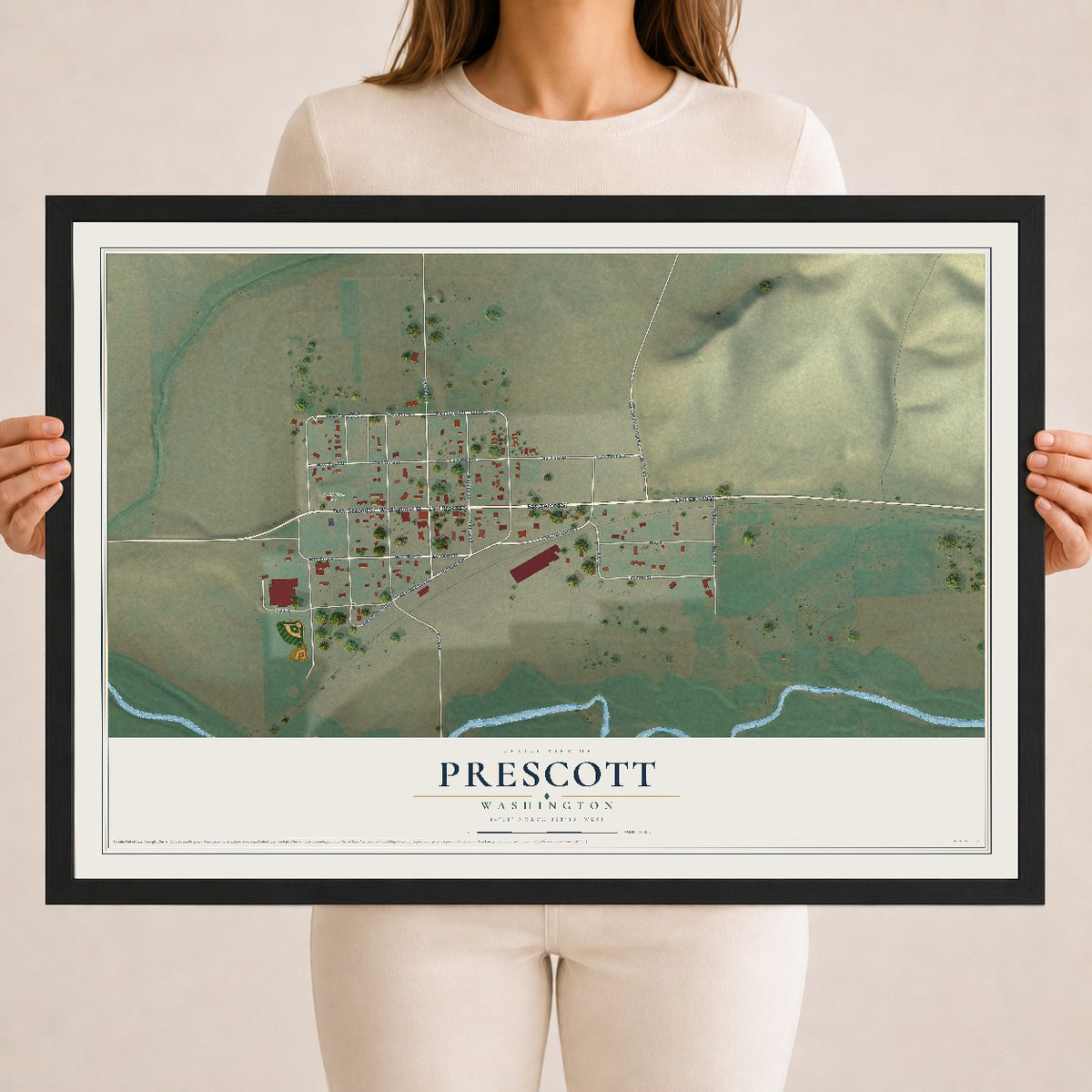 Map of Prescott, Washington, 18 x 24 inch print in a black wood frame
