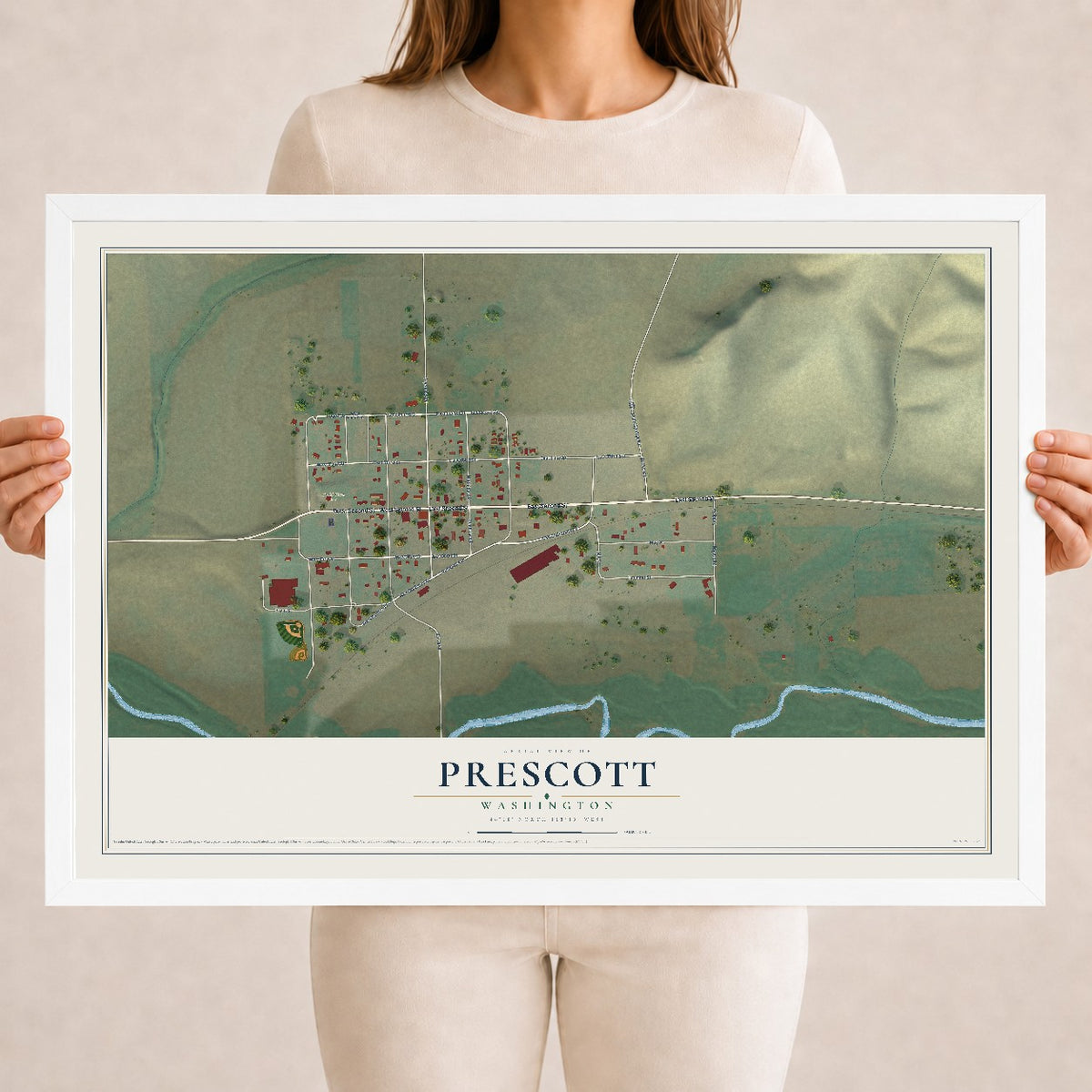 Map of Prescott, Washington, 18 x 24 inch print in a white wood frame
