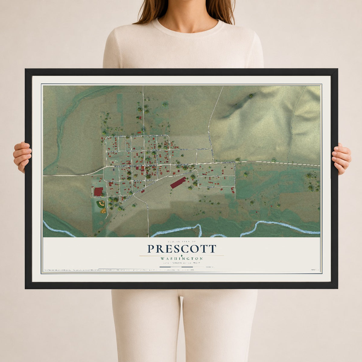 Map of Prescott, Washington, 24 x 36 inch print in a black wood frame