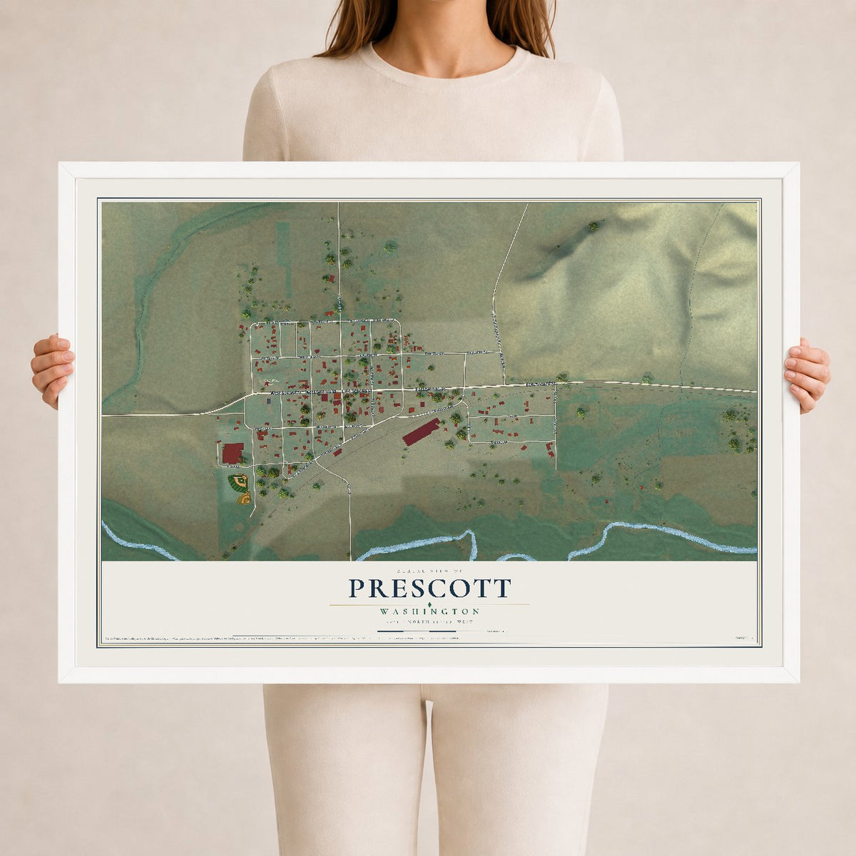 Map of Prescott, Washington, 24 x 36 inch print in a white wood frame