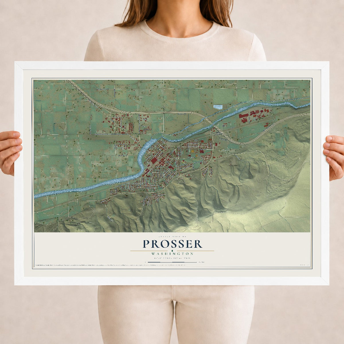 Map of Prosser, Washington, 18 x 24 inch print in a white wood frame