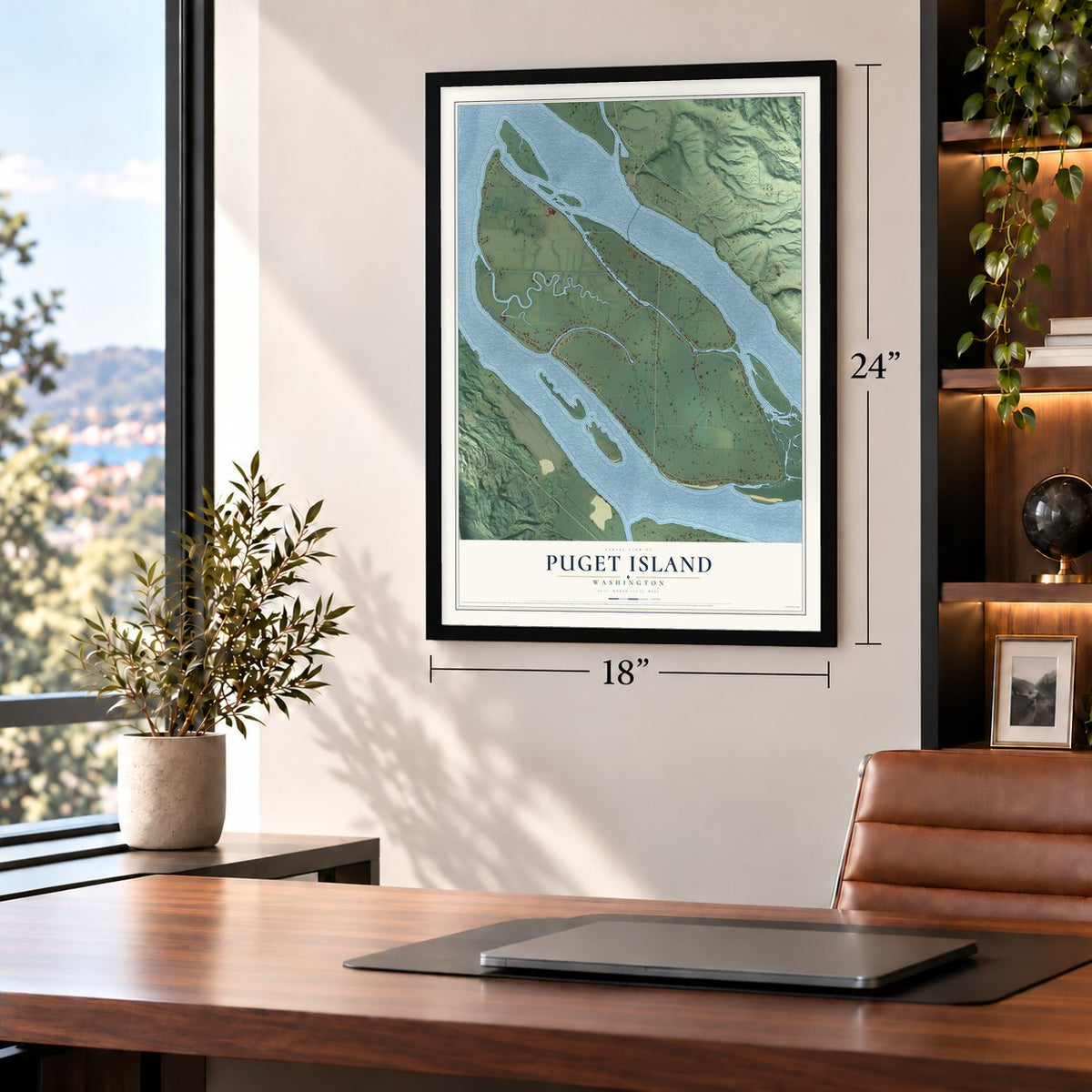 Puget Island, Washington map, 18 x 24 inch print in a black frame in a home office