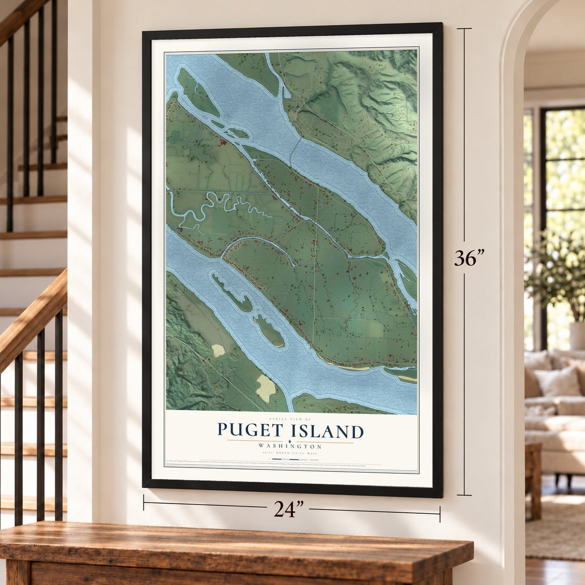 Puget Island, Washington map, 24 x 36 inch print in a black frame by a staircase