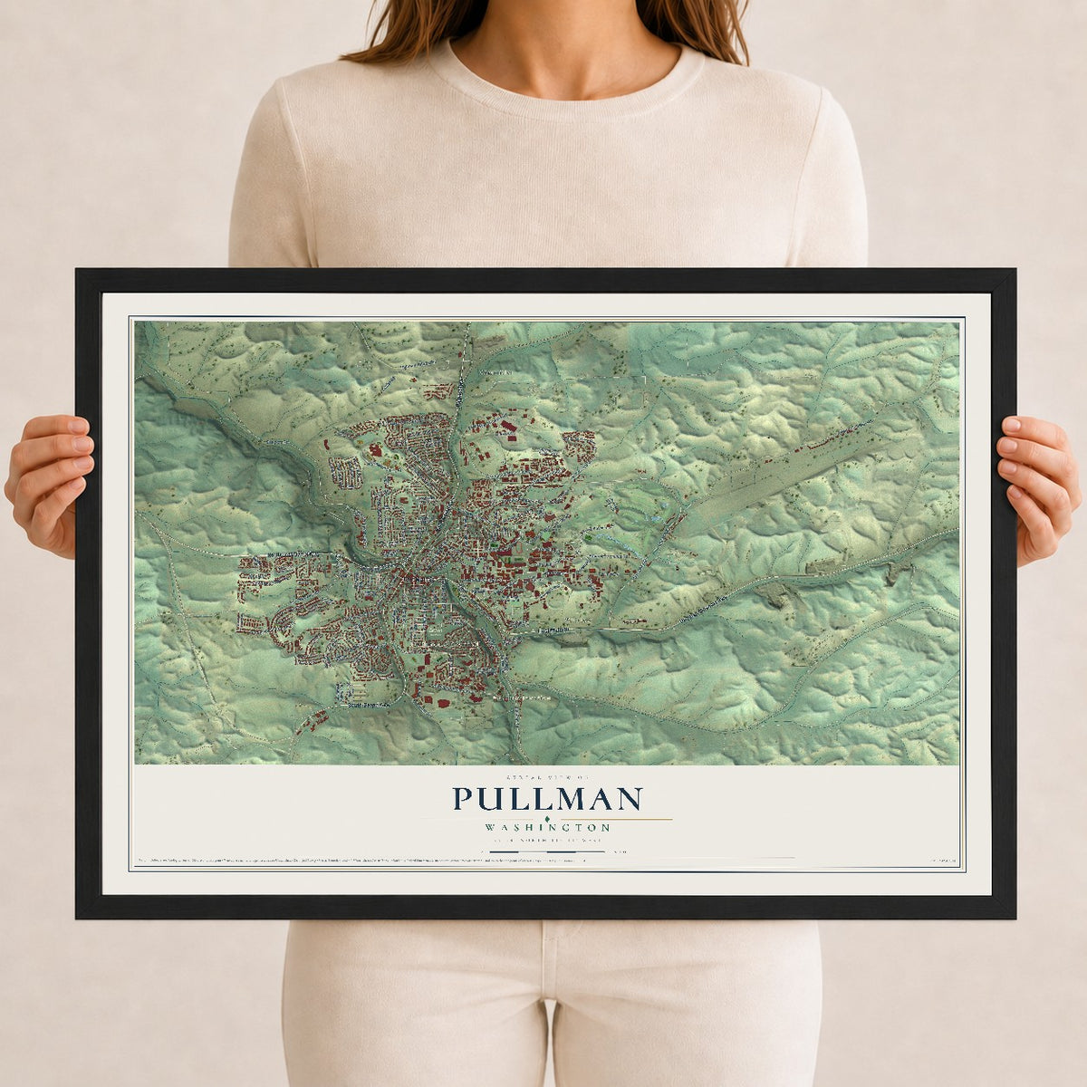 Map of Pullman, Washington, 12 x 18 inch print in a black wood frame