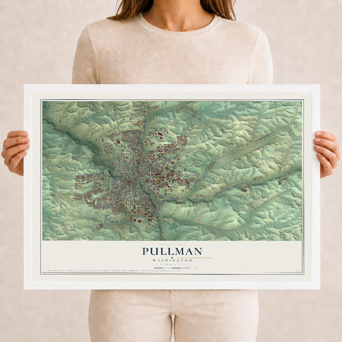 Map of Pullman, Washington, 12 x 18 inch print in a white wood frame