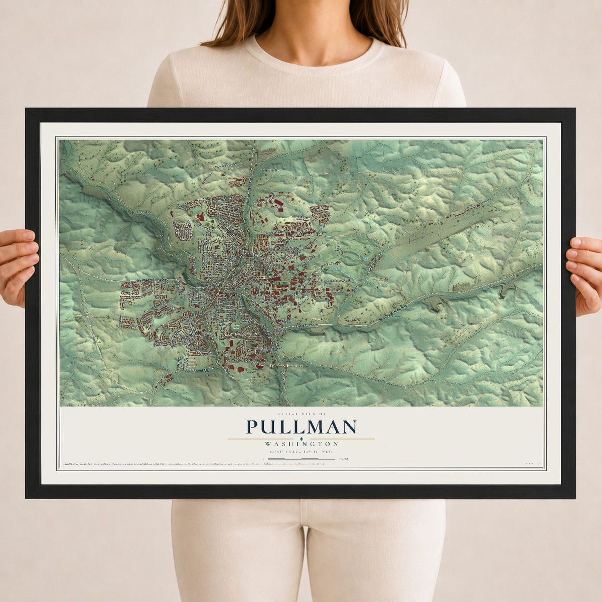Map of Pullman, Washington, 18 x 24 inch print in a black wood frame