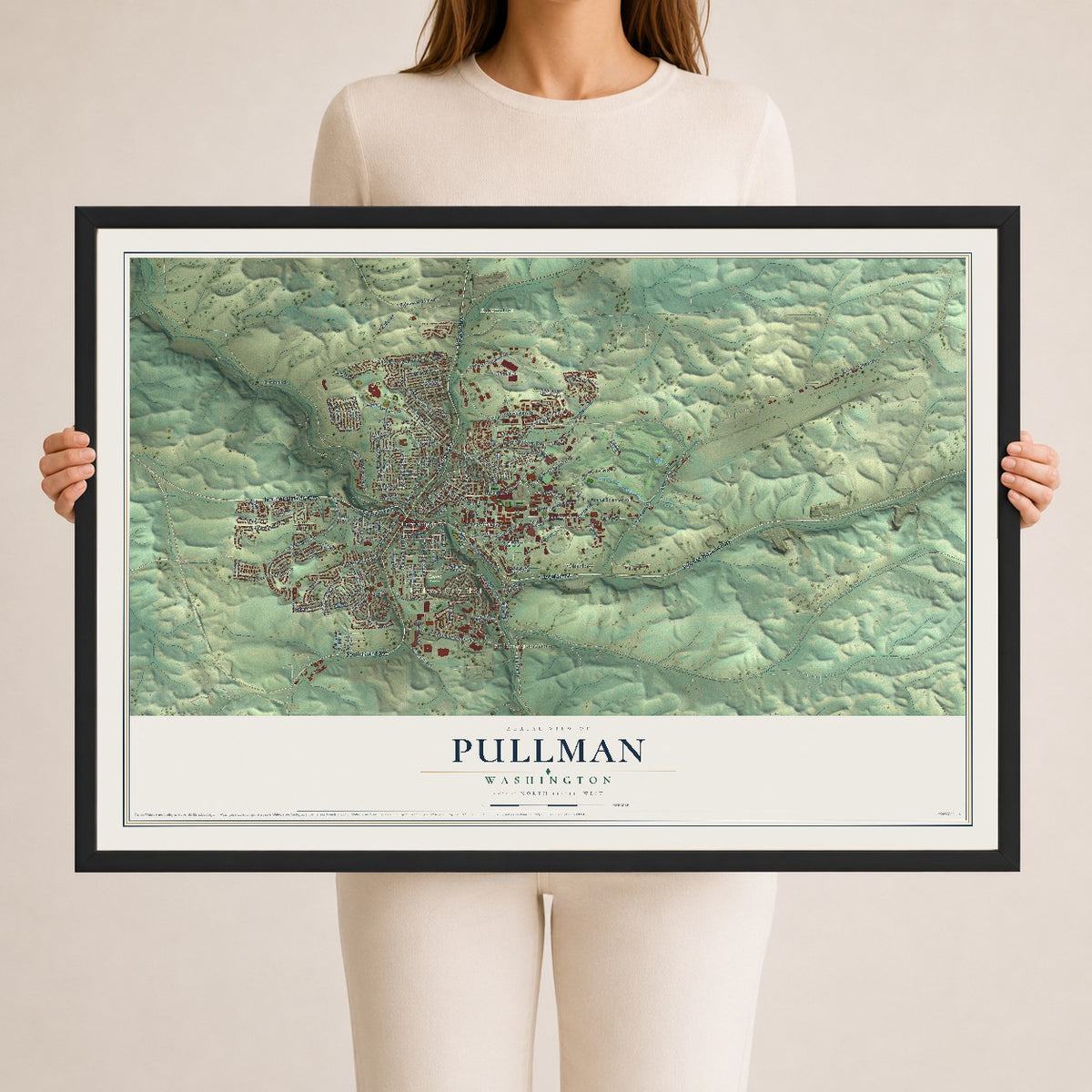 Map of Pullman, Washington, 24 x 36 inch print in a black wood frame