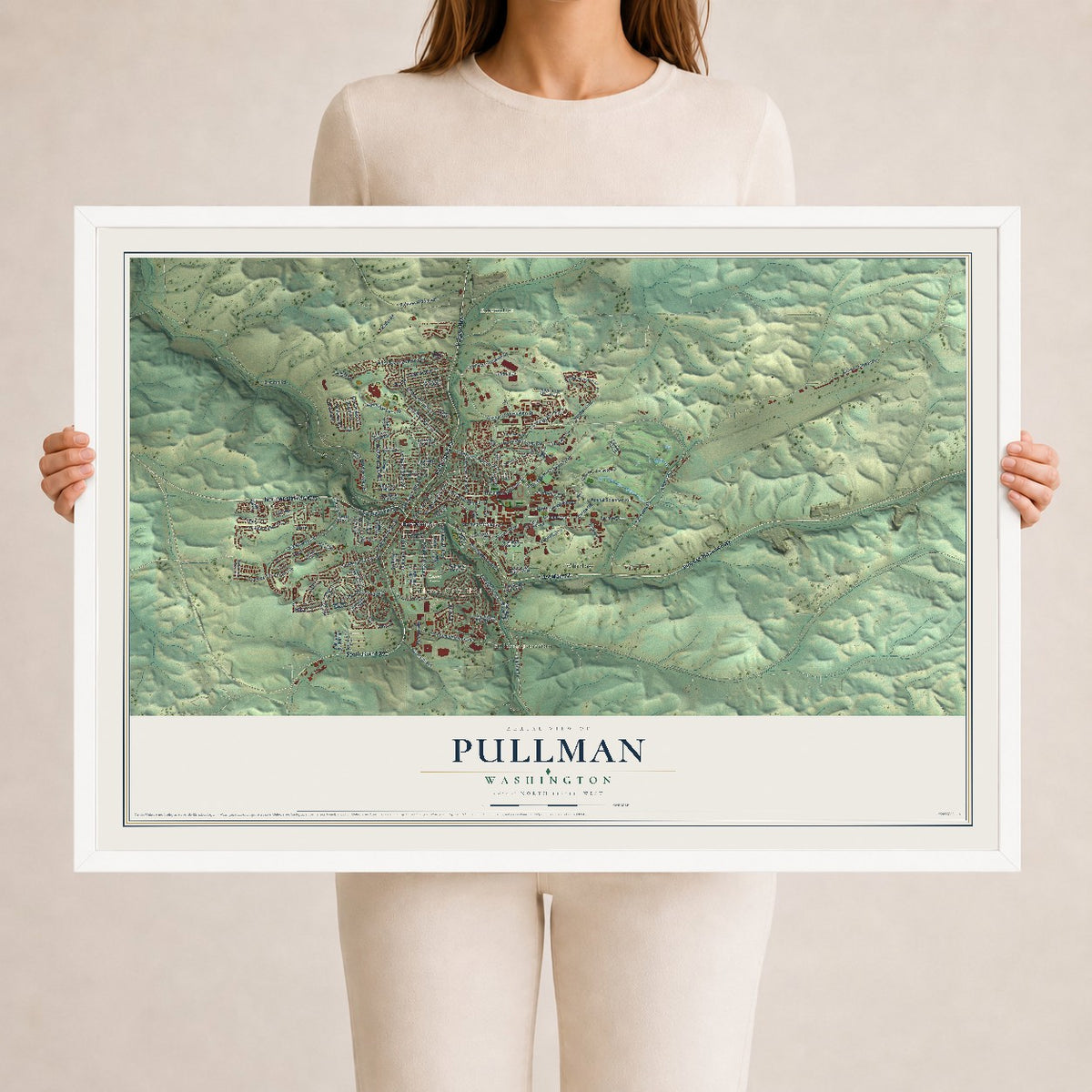 Map of Pullman, Washington, 24 x 36 inch print in a white wood frame
