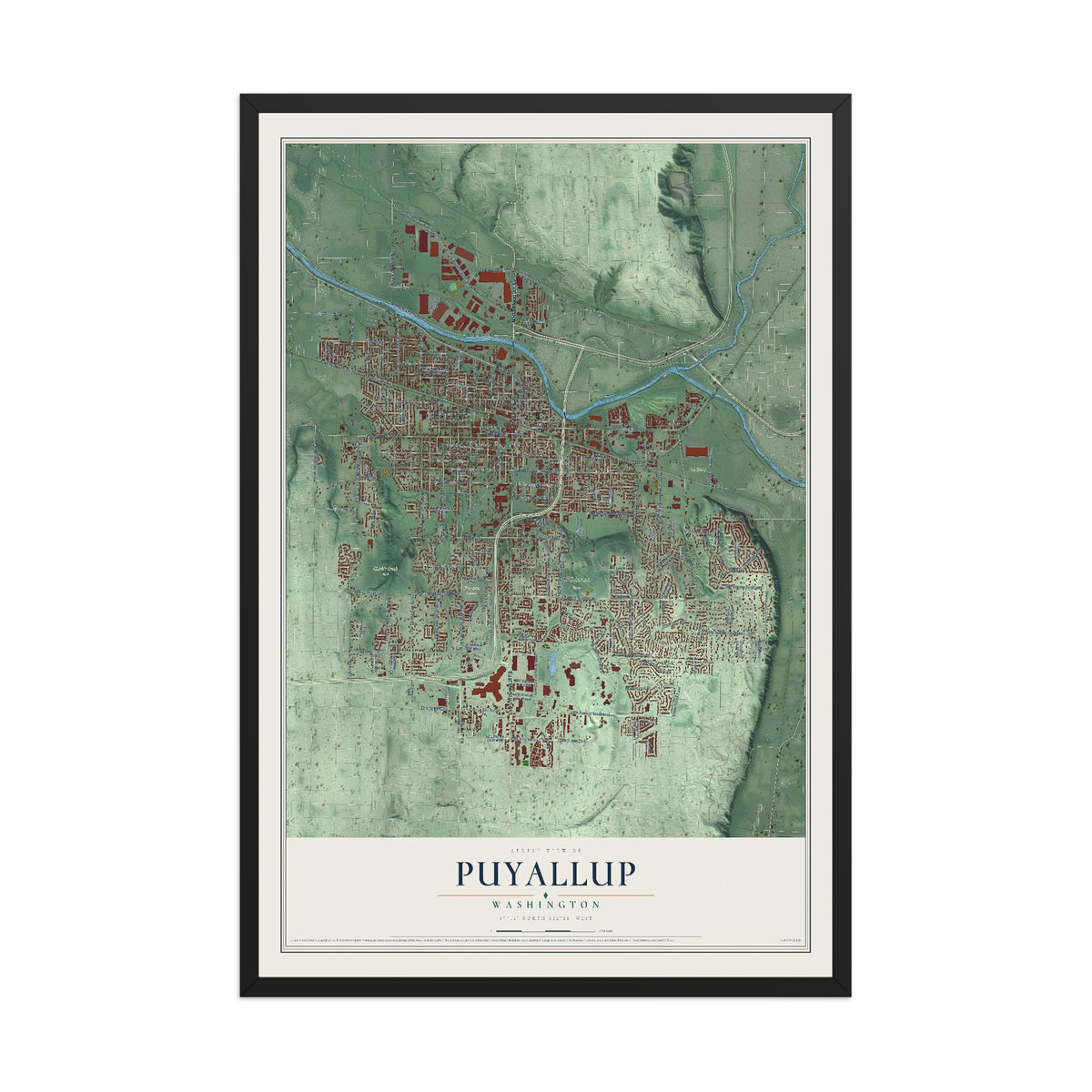 Map of Puyallup, Washington, 12 x 18 inch print in a black wood frame
