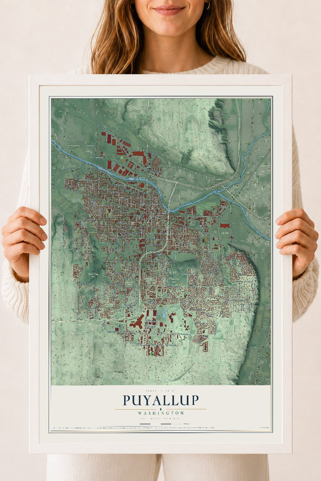Map of Puyallup, Washington, 18 x 24 inch print in a white wood frame