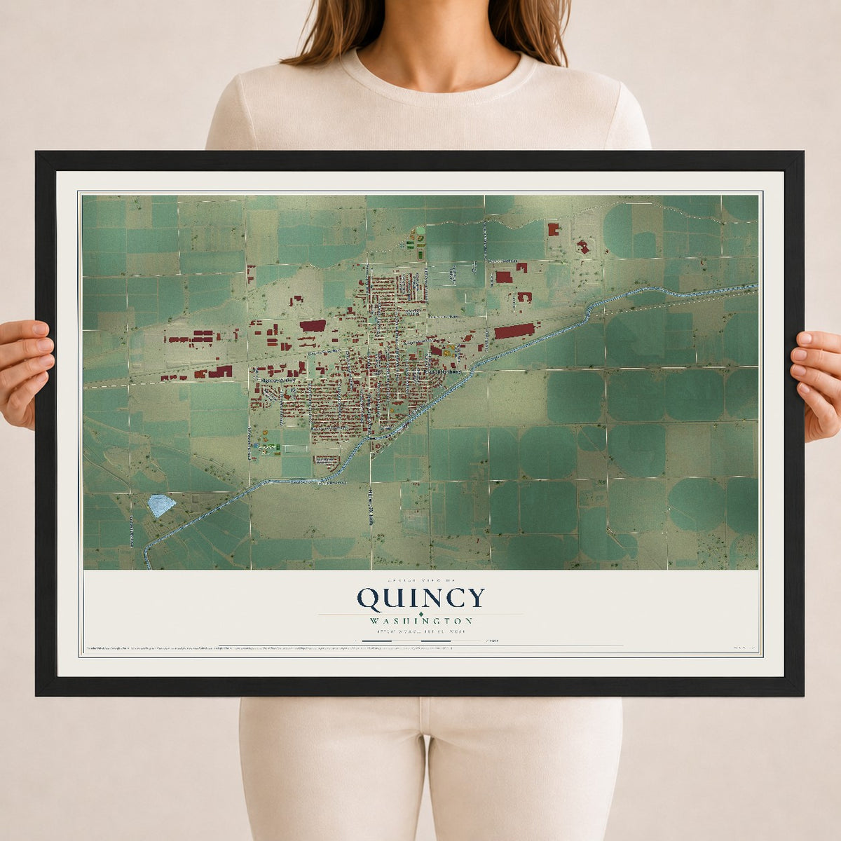 Map of Quincy, Washington, 18 x 24 inch print in a black wood frame