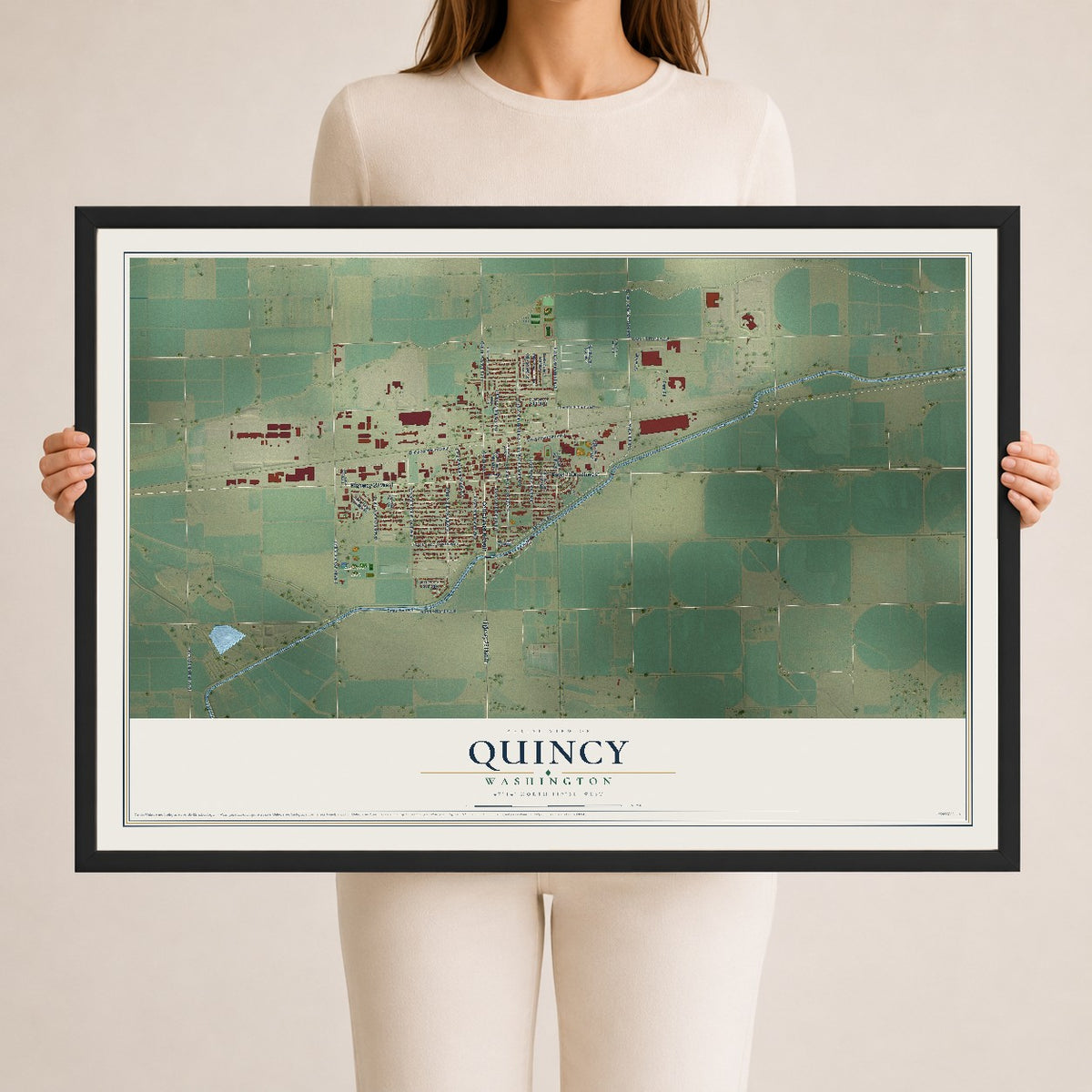 Map of Quincy, Washington, 24 x 36 inch print in a black wood frame