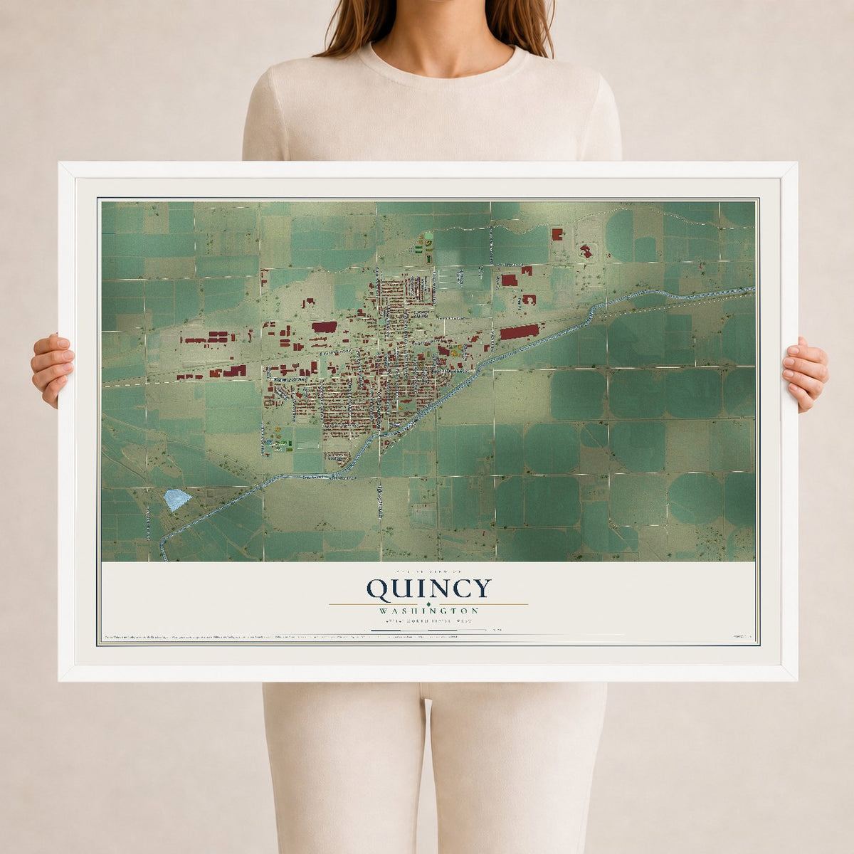 Map of Quincy, Washington, 24 x 36 inch print in a white wood frame