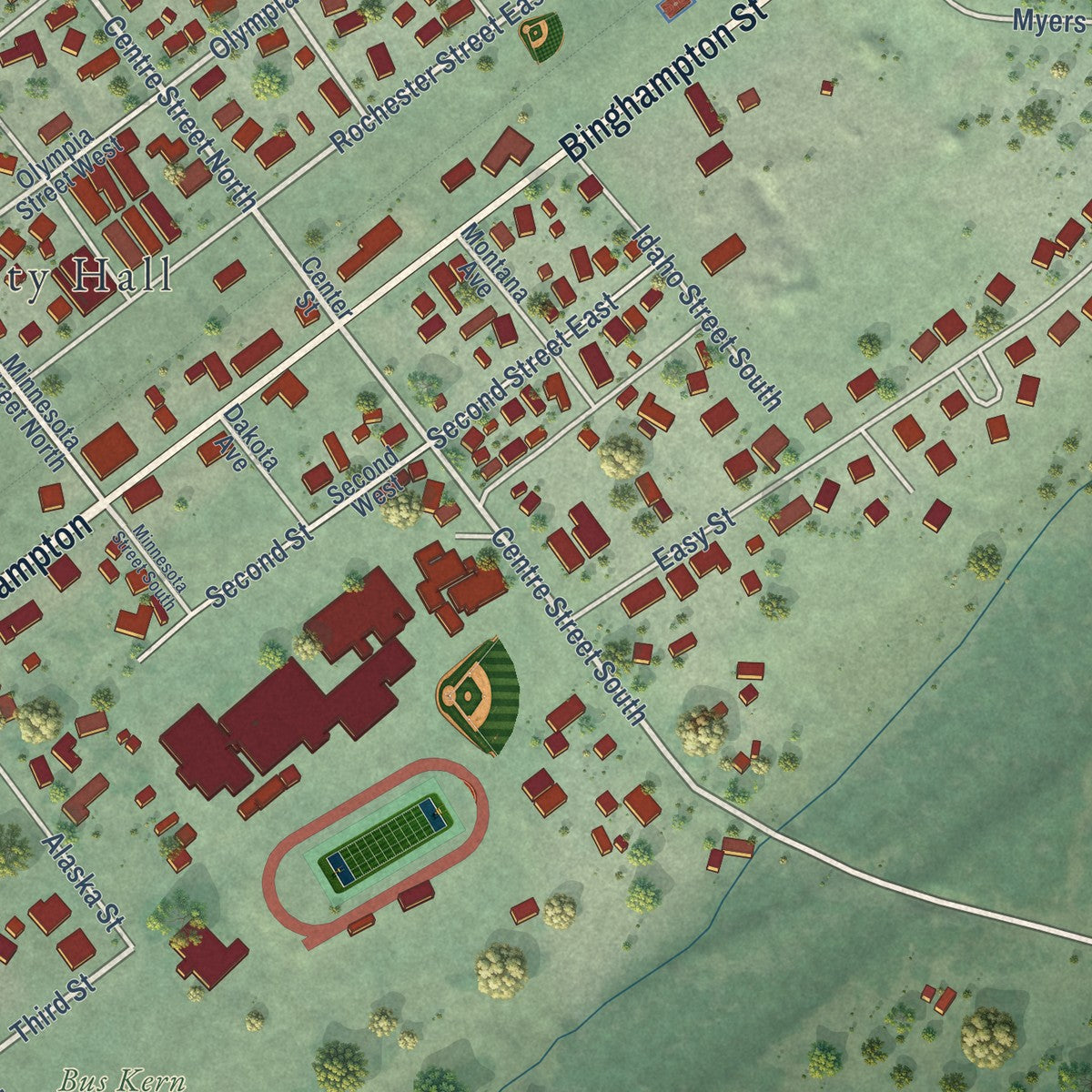 Close-up of the map of Rainier, Washington print showing street and building detail