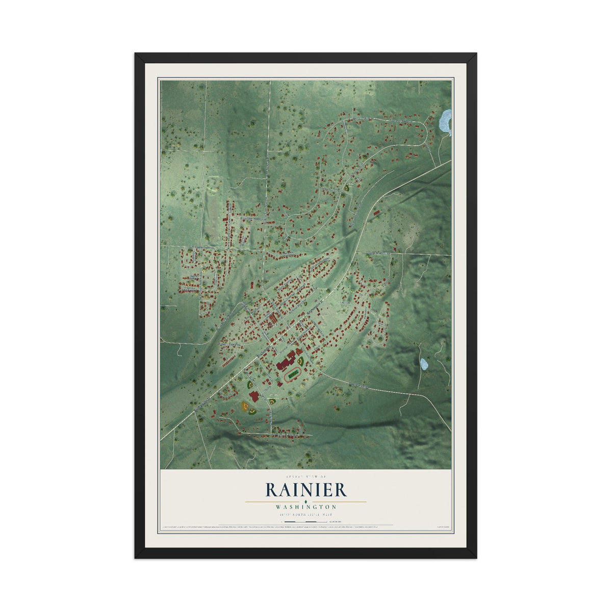 Map of Rainier, Washington, 12 x 18 inch print in a black wood frame