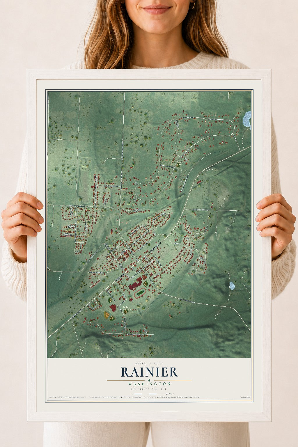 Map of Rainier, Washington, 18 x 24 inch print in a white wood frame