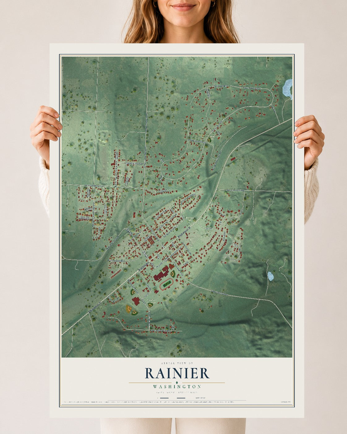 Map of Rainier, Washington, 24 x 36 inch unframed archival matte print