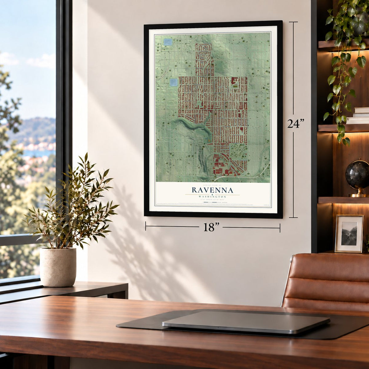 Ravenna, Washington map, 18 x 24 inch print in a black frame in a home office