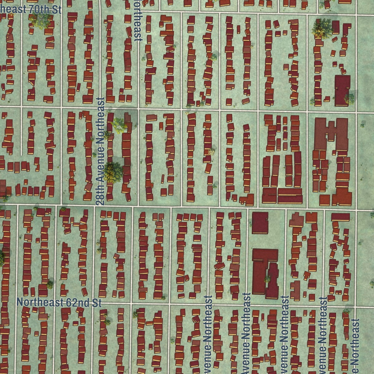 Close-up of the map of Ravenna, Washington print showing street and building detail