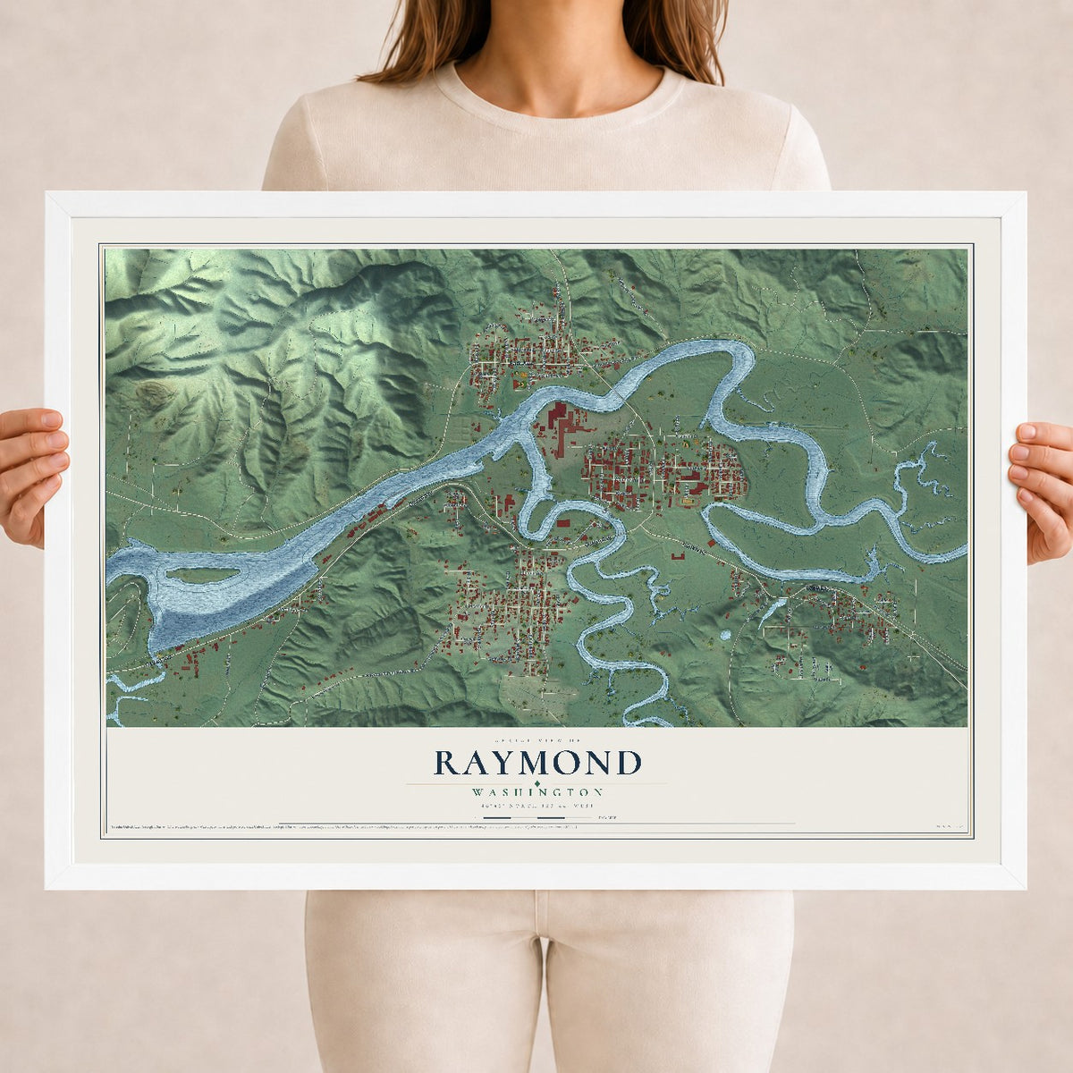 Map of Raymond, Washington, 18 x 24 inch print in a white wood frame