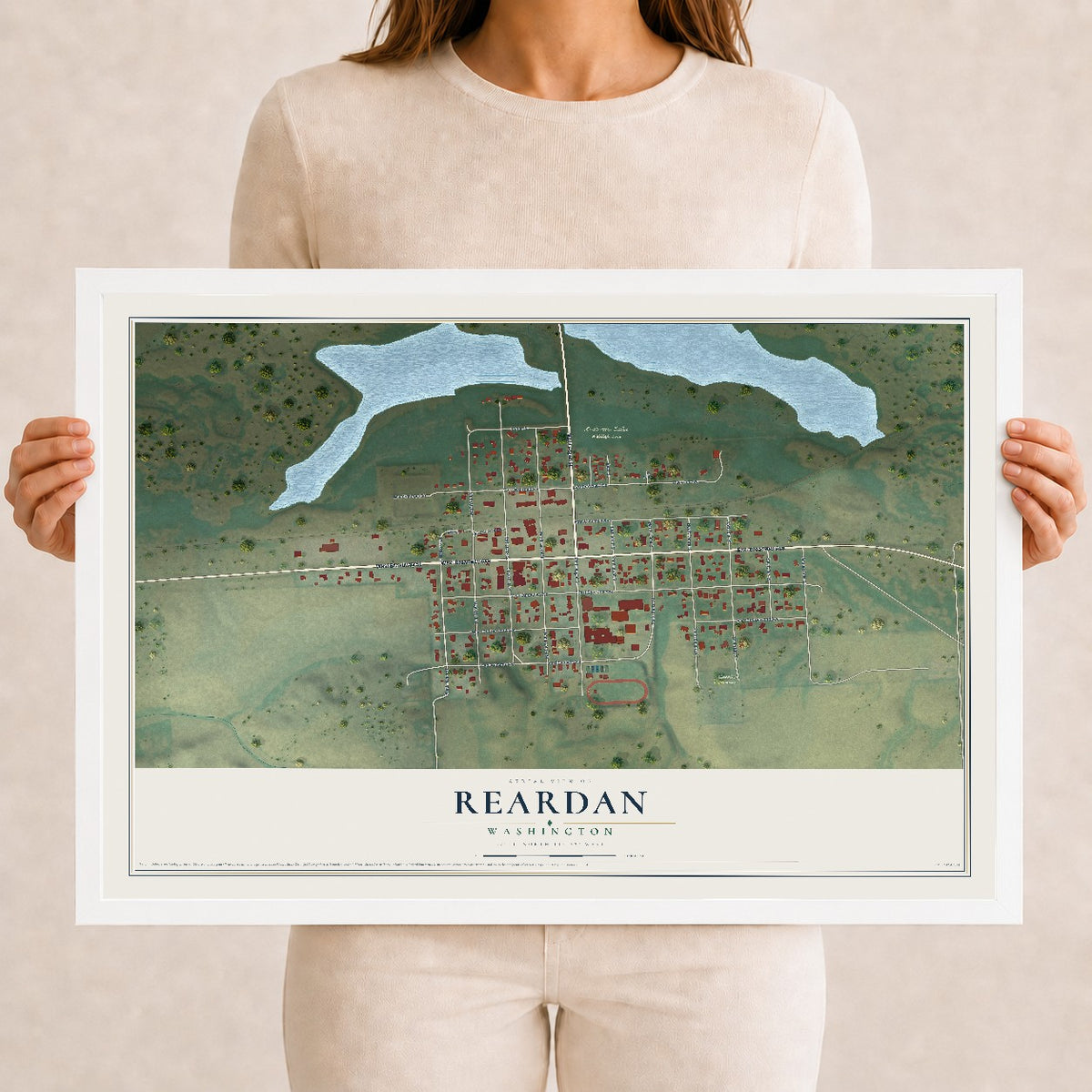 Map of Reardan, Washington, 12 x 18 inch print in a white wood frame