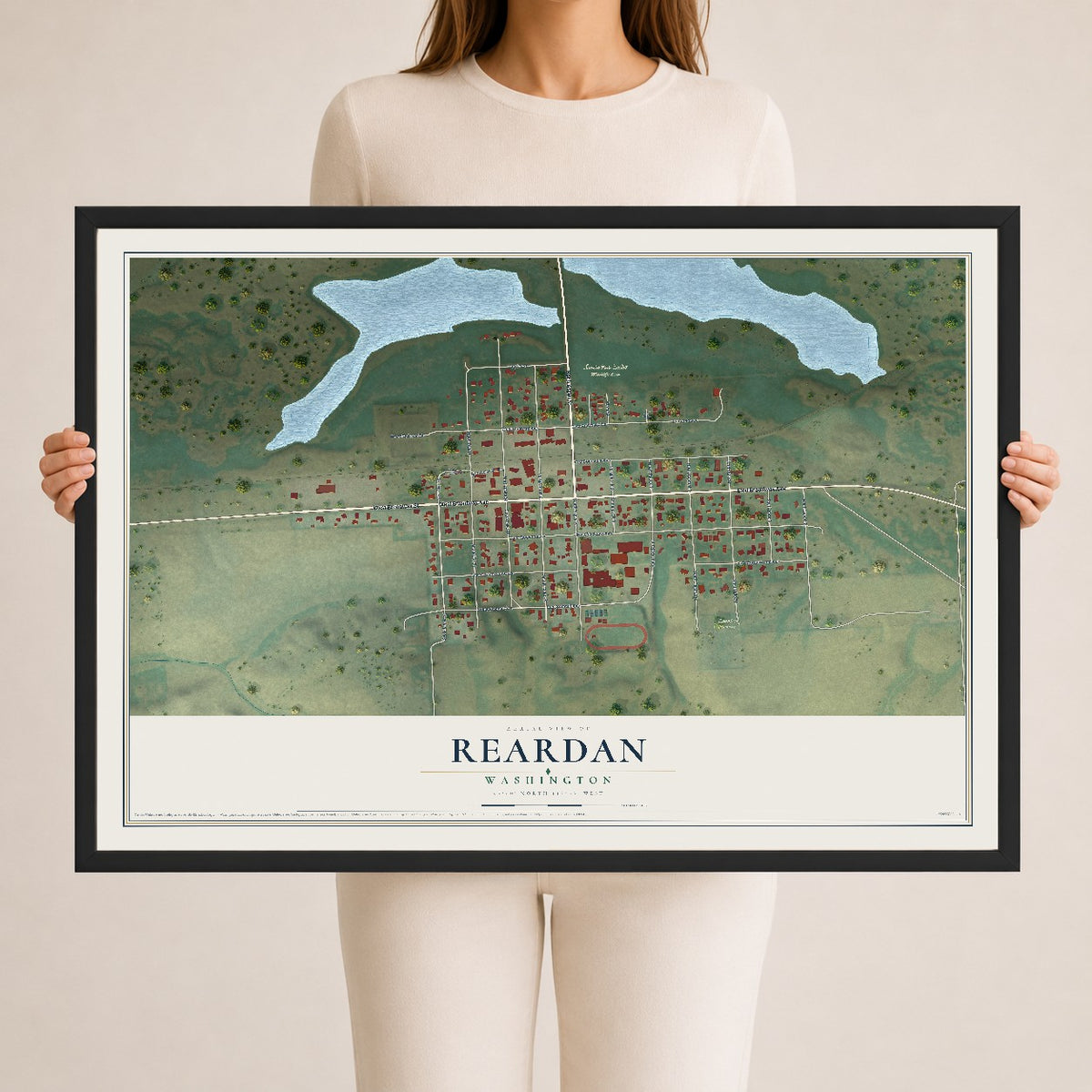 Map of Reardan, Washington, 24 x 36 inch print in a black wood frame